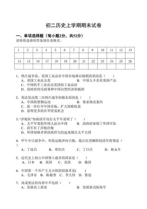 初中历史题库(初中历史题库：历史学科知识竞赛新标题：初中历史竞赛赛题库)